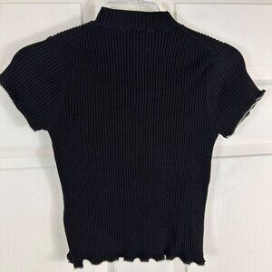 2/$30 Zara Black Ribbed Knit Blouse Short Sleeve Silver Beaded Hem‎ Top Small